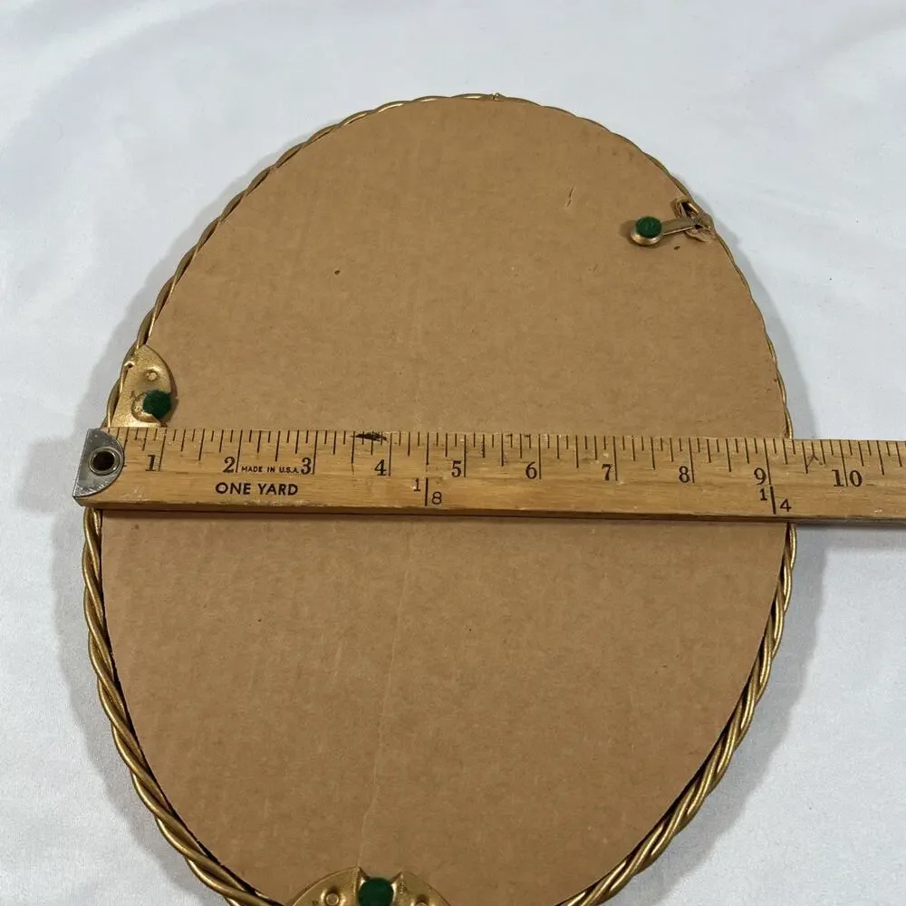Vintage Gold Twisted Braided Metal Rope Framed Oval Wall Mirror Tray 12.5x9.5”